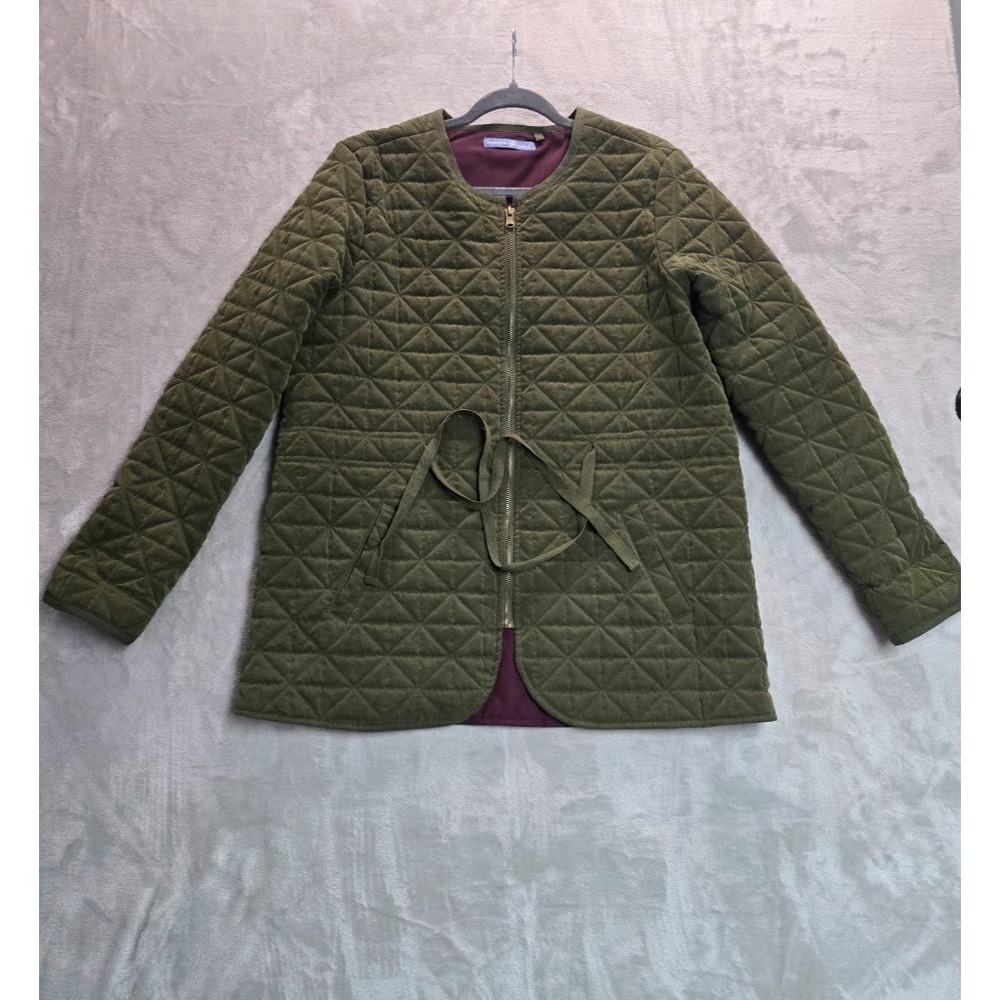 Signature Weekend Olive Green Quilted Jacket Women's XL Belted Zip Front Lined